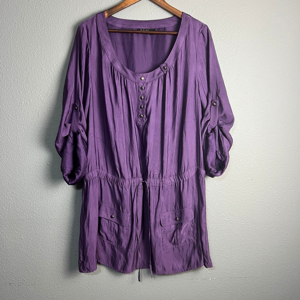 a.n.a. Satin Tunic Top Dress Roll Tab Sleeve Drawstring Cinched Waist‎ Purple 1X